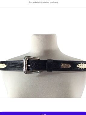 Nocona black handtooled leather leather belt silver buckle and accents 38
